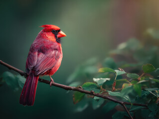 A male Northern Cardinal perched on a slender woodland branch in springtime