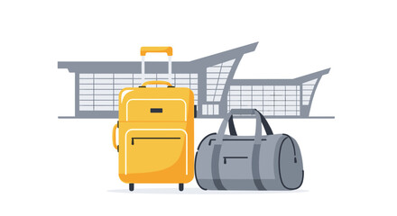 A vibrant yellow rolling suitcase and a grey duffel travel bag stand together in front of a modern airport terminal building.
