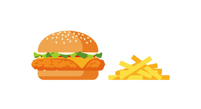 A plain chicken burger with cheese and lettuce is arranged next to a modest pile of french fries.