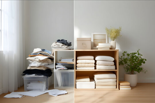 splitscreen composition showing reallife cluttered room corner on the left with scattered papers clothes and boxes contrasted with a professionally organized space