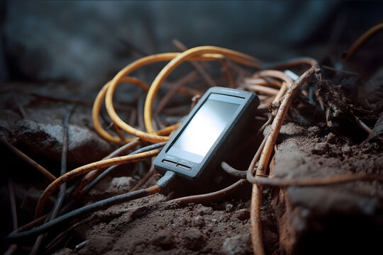 A rugged device propped up against a pile of confused wires and oily rags dutch angle composition harsh flash lighting casting hard shadows shot on 35mm film f18 fo