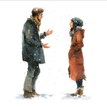 distant man arguing with woman couple arguing but man has snow on him frozen avoidant attachment style funny Style clean modern watercolor minimal with soft t
