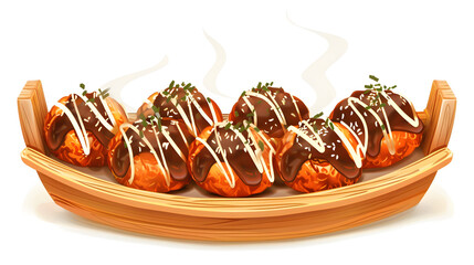 Freshly cooked Japanese takoyaki octopus balls with savory sauce and mayo on a wooden boat plate