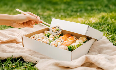 White box mockup with japanese tasty food portion of sushi rolls lying on green grass on picnic in nature. Female hand holds wooden sticks and takes fish sushi.