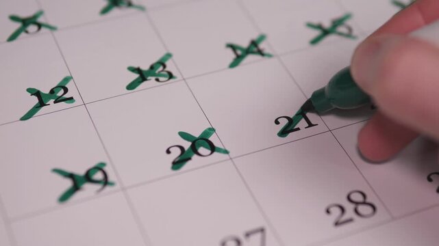 Calendar Daily Health Tracking. Focused Image Of Hand Noting Discipline On Calendar For Wellness. Detailed Shot Capturing Hand Recording Consistent Exercise And Health Achievements