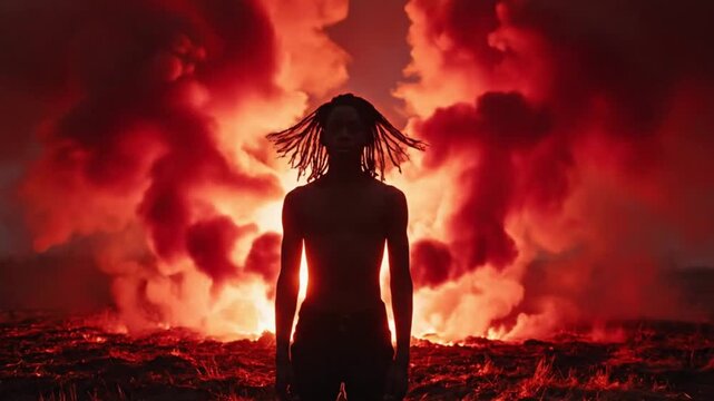 Silhouette of a person with dreadlocks standing firm against a dramatic backdrop of massive red and orange fiery explosions symbolizing conflict or intense transformation