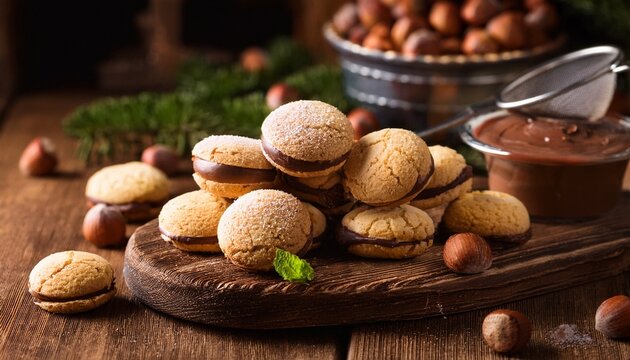 baci di dama italian hazelnut biscuits cookies with chocolate cream rustic style