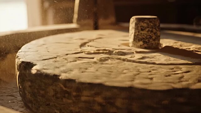 Traditional stone millstone rotating and grinding grain into flour. Ancient milling process with floating dust particles in warm light. Agriculture concept