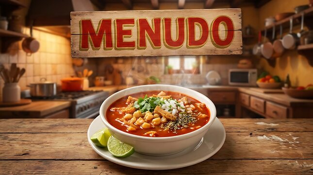 Traditional Mexican menudo soup in a rustic kitchen setting
