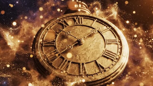 Ancient golden pocket watch face with roman numerals glows mystically amidst swirling cosmic dust and sparkling bokeh lights representing time travel or eternity
