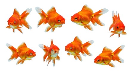 Naklejka premium Eight bright orange goldfish swim in various directions across the isolated white background in a set arrangement.