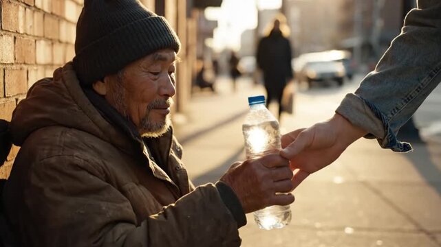 Kind stranger offering a refreshing bottle of water to an appreciative homeless elderly man sitting against a brick wall in bright city sunlight.