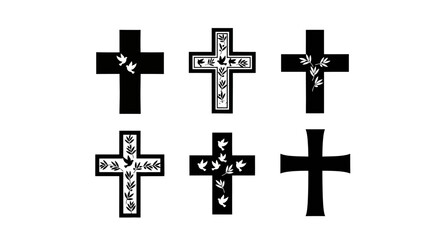 Obraz premium Collection of Christian Cross Symbols with Floral and Dove Embellishments