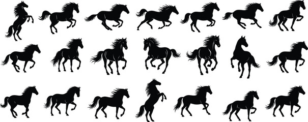 Fototapeta premium Black horse silhouette set in motion isolated on white background featuring multiple running galloping and rearing horse poses in side view vector illustration, concept of speed power freedom