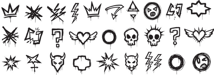 Naklejka premium Black silhouette doodle icon set with crown skull heart lightning and star symbols isolated on white background, hand drawn tattoo style vector collection, concept of edgy art and graphic design