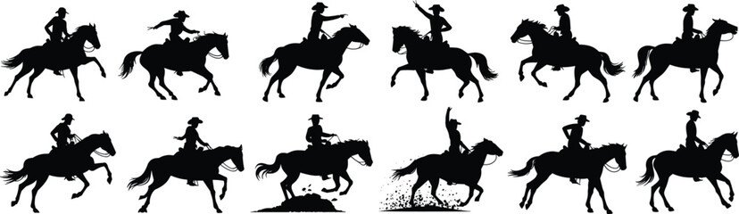 Collection of cowboy silhouettes riding horses in various action poses isolated on white background western vector illustration set