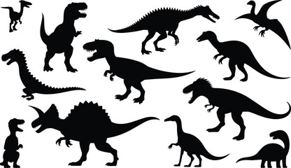 Collection of dinosaur silhouettes including T-Rex, Triceratops, Stegosaurus and Pterodactyl isolated on white background, prehistoric reptile vector illustration set for design use © Shariyar Pantho