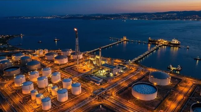 Aerial View of a Vast Industrial Complex with Storage Tanks and Flare Stack, Brilliantly Lit at Dusk, Alongside a Busy Port with a Tanker Ship