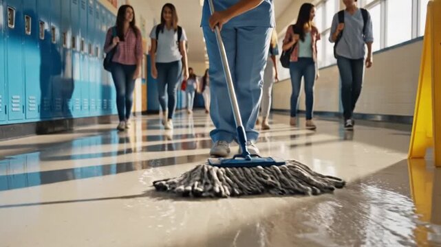 Custodian diligently mops a wet school hallway floor while unaware high school students walk past the caution area during the busy passing period