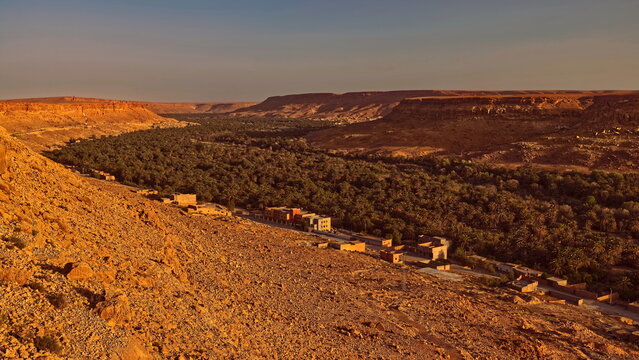 The Tafilalet oasis along the Oued Ziz River middle course, with the villages of Ouled Chaker and Oulad A?ssa, at sunset. Errachidia prov.-Morocco-124
