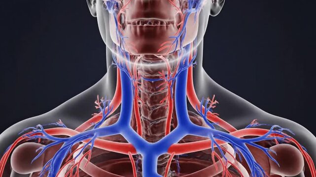 Detailed three dimensional medical visualization clearly illustrating the complex network of major arteries and veins supplying blood flow to the human head and neck region