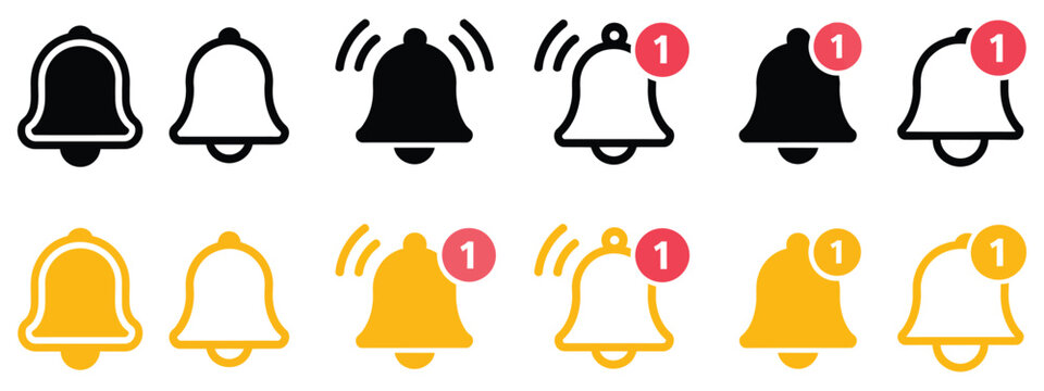 Ringing notification bell icons, alarm and smartphone alert symbols, new message and reminder illustrations, shaking bell to notify, editable vector set, flat and stroke style, modern notification and