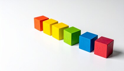 Obraz premium Color gradient concept with six wooden cubes aligned in a straight row on white surface transitioning from red orange yellow light green blue to magenta symbolizing design inspiration education and co