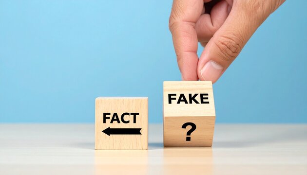 Fact versus fake concept with wooden blocks fact arrow and fake question mark held by hand on blue background symbolizing truth misinformation and critical thinking