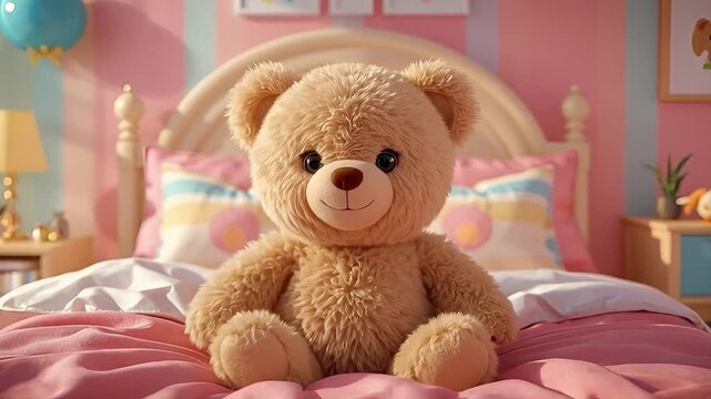 Plush Teddy Bear ready for bed, Happy, Smile, Fun, Kids, Cartoon - Loop Video 4K Animated