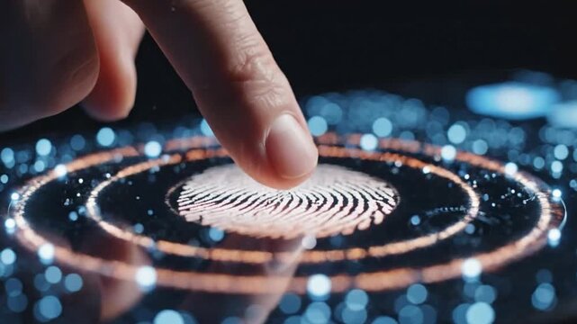 Finger touching a glowing holographic digital fingerprint scanner for biometric security authentication confirming access to sensitive data or futuristic technology systems