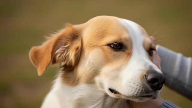 Close-up of a person gently petting a dogs head outdoors.