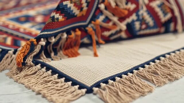 Close-up of a vibrant, intricately patterned rug with geometric designs and tassels, showcasing traditional craftsmanship and rich textures.