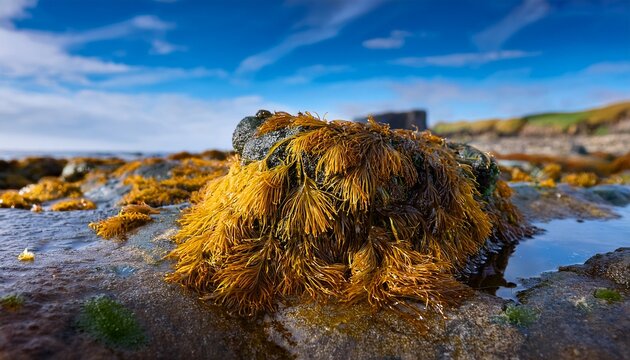 detailed view of tiny fucus vesiculosus algae on a coastal rock at low tide