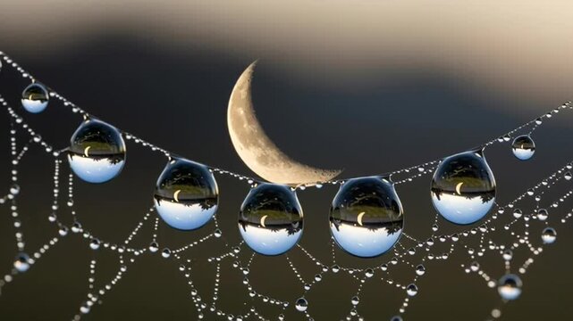 Dewdrops on Spiderweb Reflecting Crescent Moon and Sky.