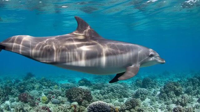 Dolphin swimming gracefully underwater near coral reef in clear blue ocean water.