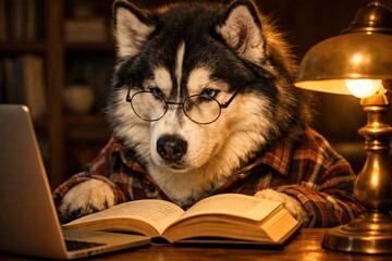 A Learned Husky: Intellectual Dog in Flannel Shirt Studying by Lamp