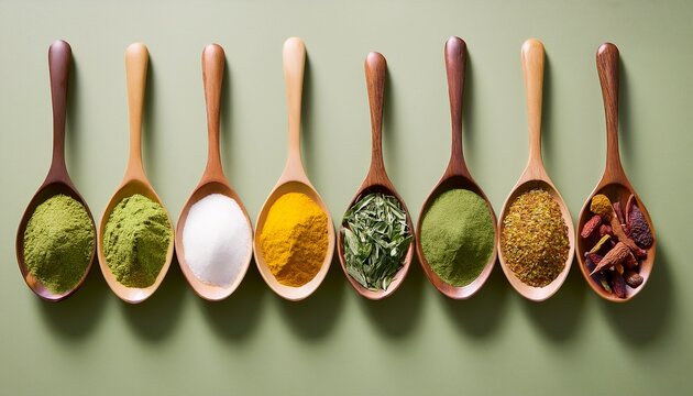 image of spoons filled with different herbal health powders drinks and beauty products