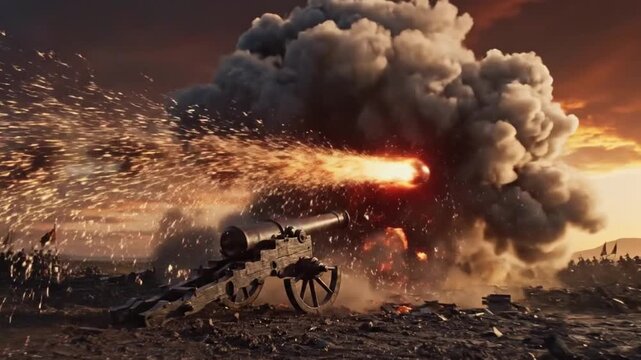 Dramatic historical battlefield scene depicting an antique artillery cannon firing a massive projectile during intense warfare against a backdrop of smoke and sunset.