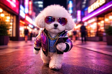 Hip Poodle Strolls Neon City Streets, Texting on a Mobile Phone