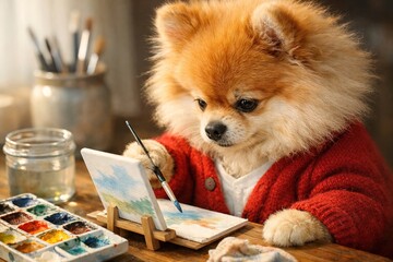 An adorable Pomeranian dog painting a miniature landscape with watercolor.