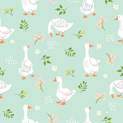 Geese in the meadow seamless pattern. White colors birds on pastel blue background with botanical elements in green, yellow, pink. Vector hand drawn print on fabric and paper. Spring, summer season. © Alla