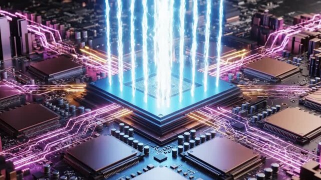 Central processing unit on a futuristic motherboard depicting intense digital data flow and powerful artificial intelligence processing visualization with glowing energy conduits