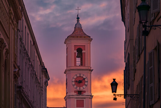 The Caserne Rusca clock tower in the Old Town, Vieille Ville of Nice in France