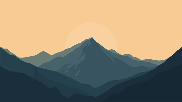 Minimal mountain landscape, flat vector style, midnight blue and warm beige, simple shapes, landscape vector illustration