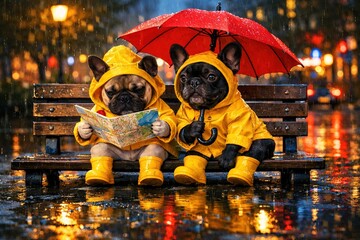 Two Doggone Cute Bulldogs Navigate a Rainy City with Map and Umbrella