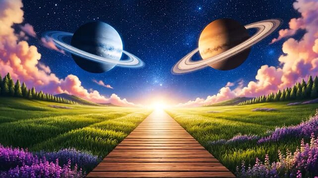 A surreal landscape with a wooden path leading to a bright light and planets