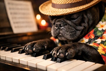 A Sophisticated Bulldog Serenading the Night on Piano with Flair