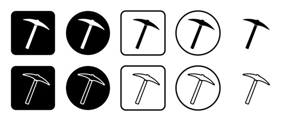Icon set of pickaxe symbol. Filled, outline, black and white icons set, flat style.  Illustration on transparent background