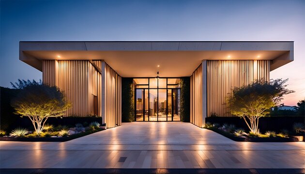 luxury building entrance with glass doors panels limestone facade inviting glow at dusk
