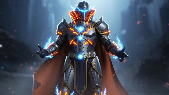 Futuristic Armored Warrior with Glowing Energy in a Dark, Mysterious Setting.